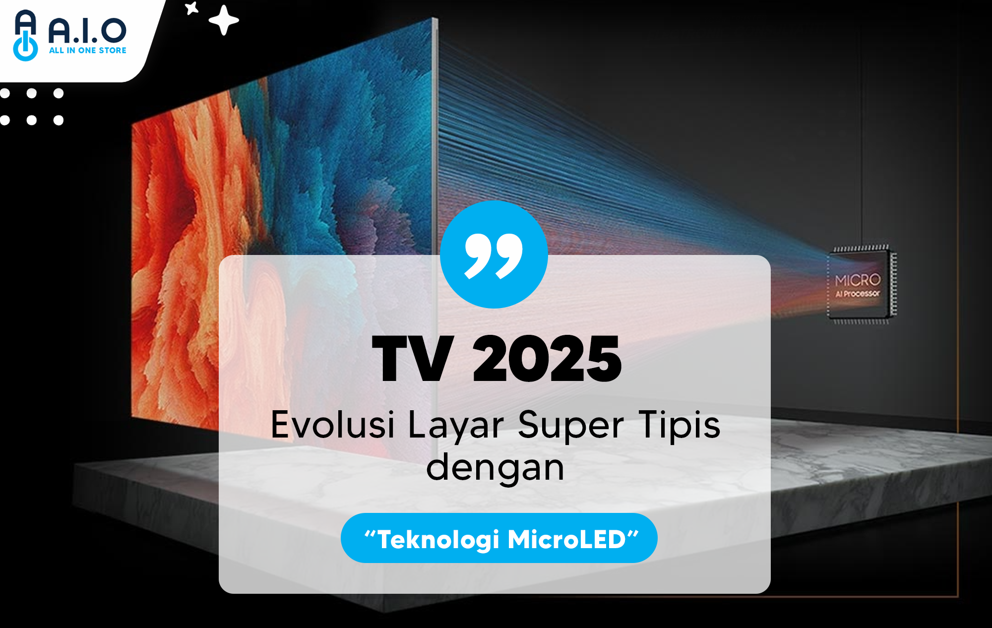 Ilustrasi TV super tipis keluaran 2025 dengan teknologi MicroLED, menampilkan gambar jernih dan warna tajam di ruang tamu modern